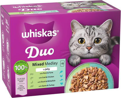 WHISKAS DUO Adult Wet Cat Food in Jelly 12x85g Pack of 4 Mixed Medley – Dual Flavour Meal