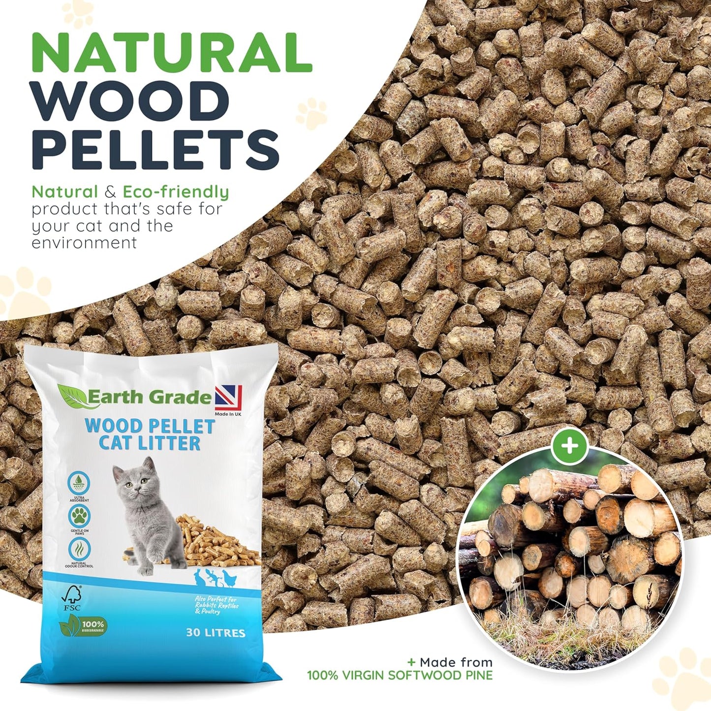 30L Premium Wood Pellet Cat Litter – Ultra Absorbent – Biodegradable – Natural Pine Wood Cat and Kitten Litter