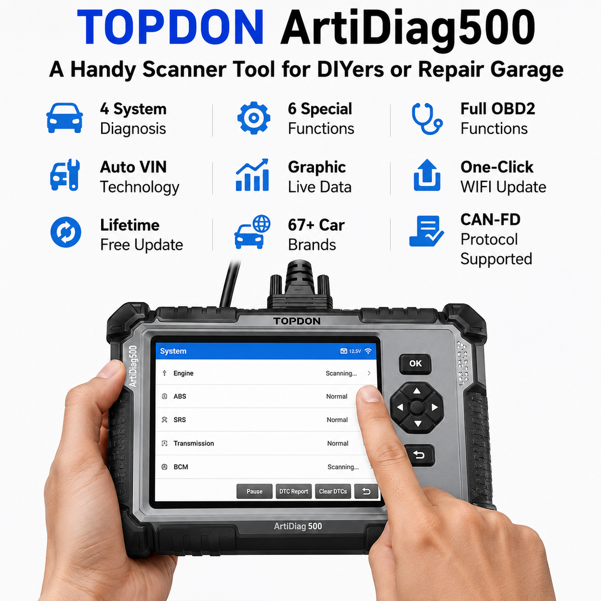 TOPDON ArtiDiag500 5-Inch OBD2 Diagnostic Scanner - 4 Systems & 6 Reset Services - Lifetime Free Wi-Fi Updates