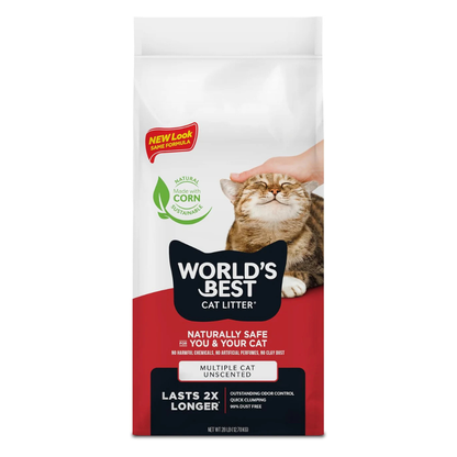 WORLD'S BEST CAT LITTER Multiple Cat Unscented 28lb Pack of One - Natural Corn Clumping Flushable 99 Percent Dust Free Cat Litter