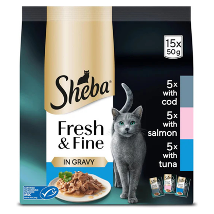 Sheba Cat Wet Food - Fresh and Fine - Cat Pouches Fish in Gravy - 3 x 15 x 50 g