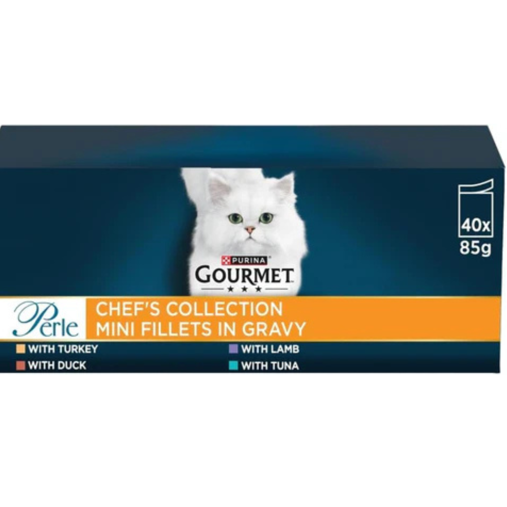 GOURMET Perle Chef's Collection Adult Wet Cat Food Mini Fillets in Gravy Variety Turkey, Tuna, Duck, Lamb 40 x 85g Pouches