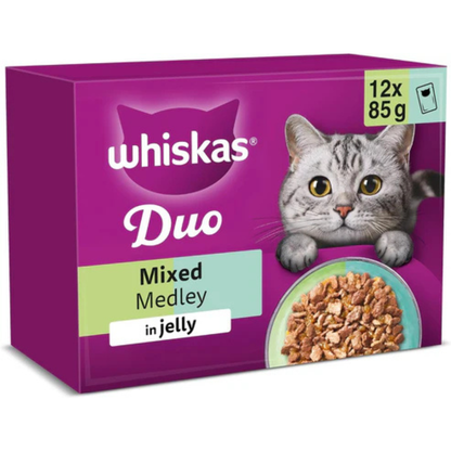 WHISKAS DUO Adult Wet Cat Food in Jelly 12x85g Pack of 4 Mixed Medley – Dual Flavour Meal