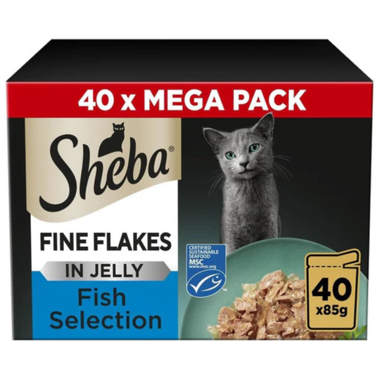 Sheba Fine Flakes in Jelly Fish Collection 40x85g – Wet Cat Food Pouches – Complete Nutrition – No Artificial Additives