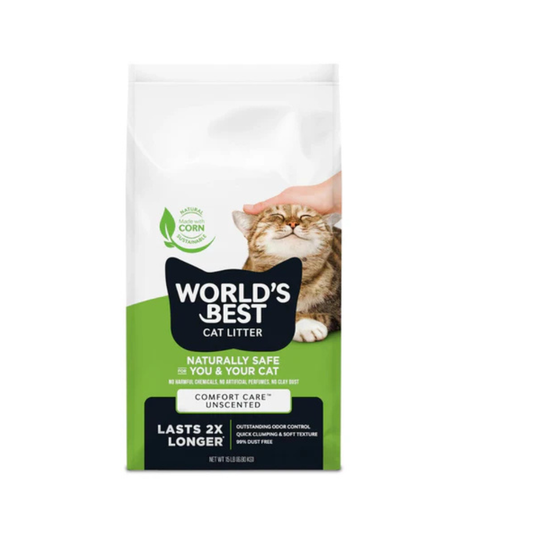World’s Best Cat Litter Comfort Care Unscented 15lb (6.8kg) – Natural Corn Clumping Flushable Cat Litter – 99% Dust Free – Odour Control