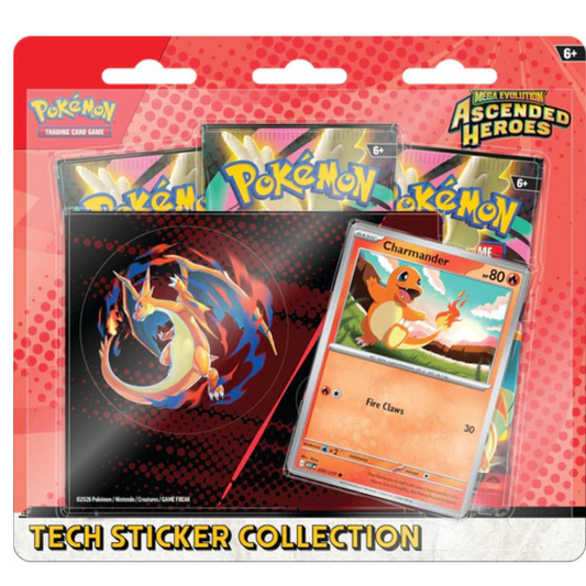 Pokémon TCG Mega Evolution Ascended Heroes Tech Sticker Collection Charmander Foil Promo Card with 3 Booster Packs & Pokémon Stickers