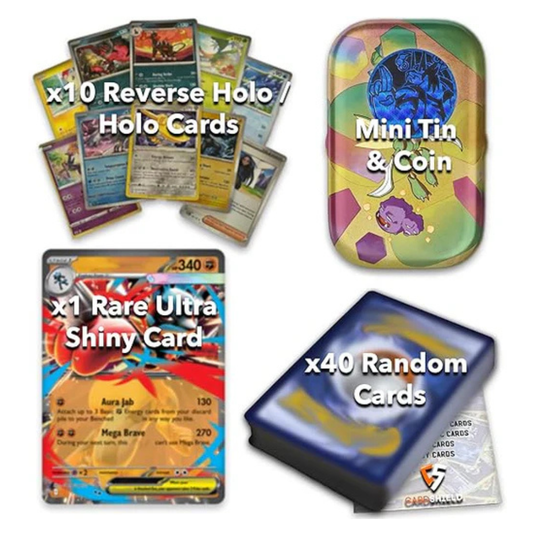 Ultimate Shiny Card Bundle Pokémon TCG – 50 Pokémon Cards with 10 Holo, 1 Rare Ultra Shiny, Coin & Mini Tin Storage Case