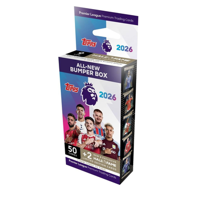 Topps Premier League 2026 Bumper Box – 50 Official Trading Cards + 2 Hall of Fame Limited Edition Cards | Licensed Soccer Card Collection