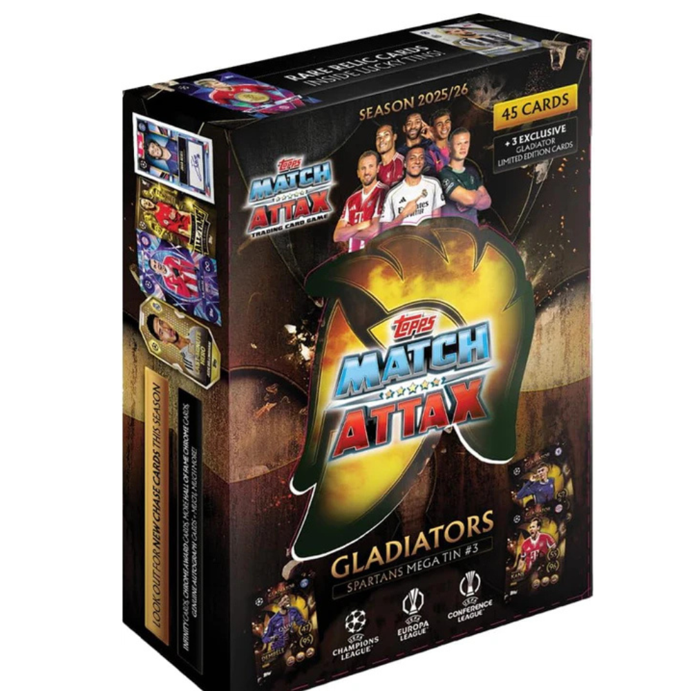 Topps UCC Match Attax 2025/26 Mega Tin Spartans | 45 Cards + 3 Exclusive Gladiators LE Cards | Official UEFA Trading Cards by Topps