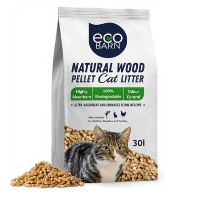 Eco Barn 30L Wooden Pellet Cat Litter 15kg - Biodegradable Non Clumping - Ultra Absorbent Natural Wood Cat Litter