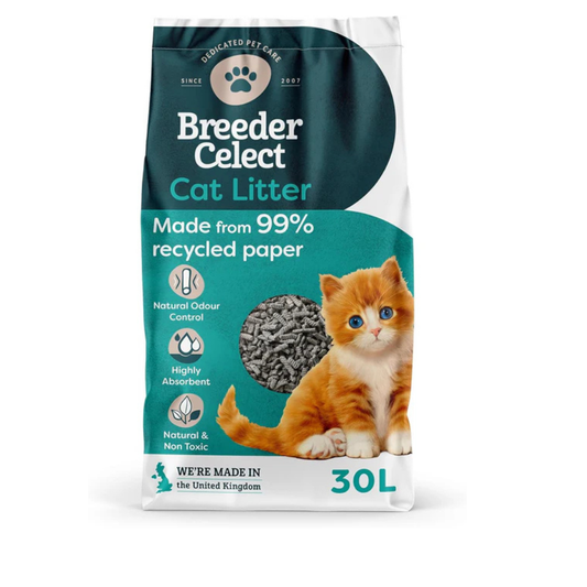 Breeder Celect All Natural Cat Litter 30L - Recycled Paper - Non Clumping - Highly Absorbent - Odor Control Cat Bedding