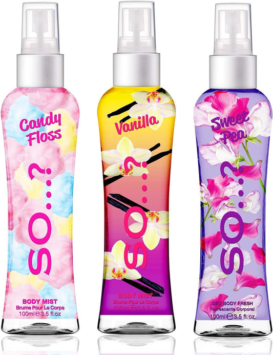Body Mist by So…? Womens Candy Floss, Vanilla, Sweet Pea Body Spray Mixed Fragrance Bundle 100ml (Pack of 3)