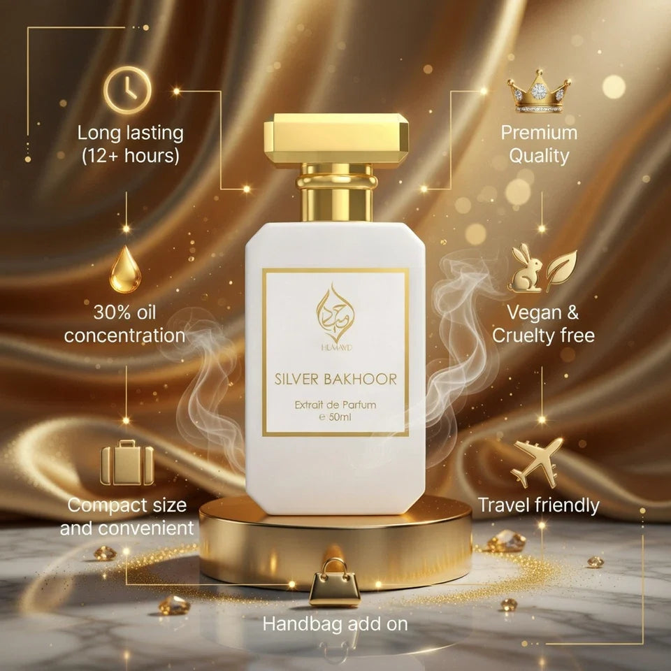Silver Bakhoor Perfume Unisex - Long Lasting Arabian Floral Spicy Fragrance 50ml