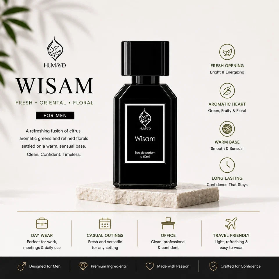 Wisam EDP Perfume for Men - Fresh Oriental Woody Arabian Fragrance 50ml