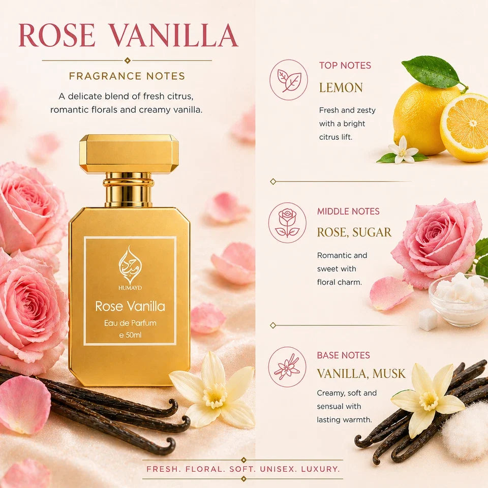 Rose Vanilla Perfume Unisex - Long Lasting Floral Gourmand Fragrance 50ml