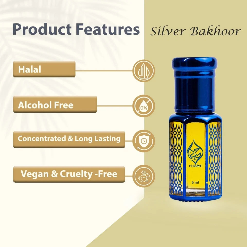 Silver Bakhoor Perfume Oil Unisex - Alcohol-Free Fragrance Attar 6ml