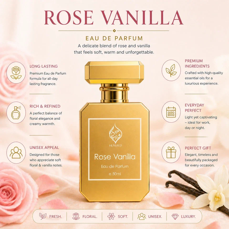 Rose Vanilla Perfume Unisex - Long Lasting Floral Gourmand Fragrance 50ml