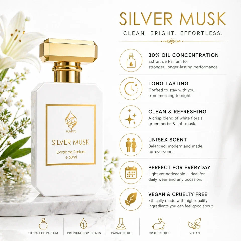 Silver Musk Extrait de Parfum Unisex - Citrus Floral Musk Fragrance 50ml